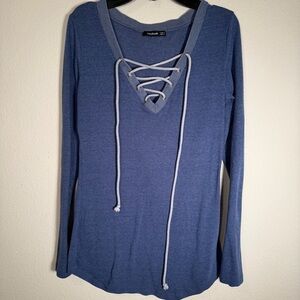 PattyBoutik Blue Lace Up Long Sleeve Top